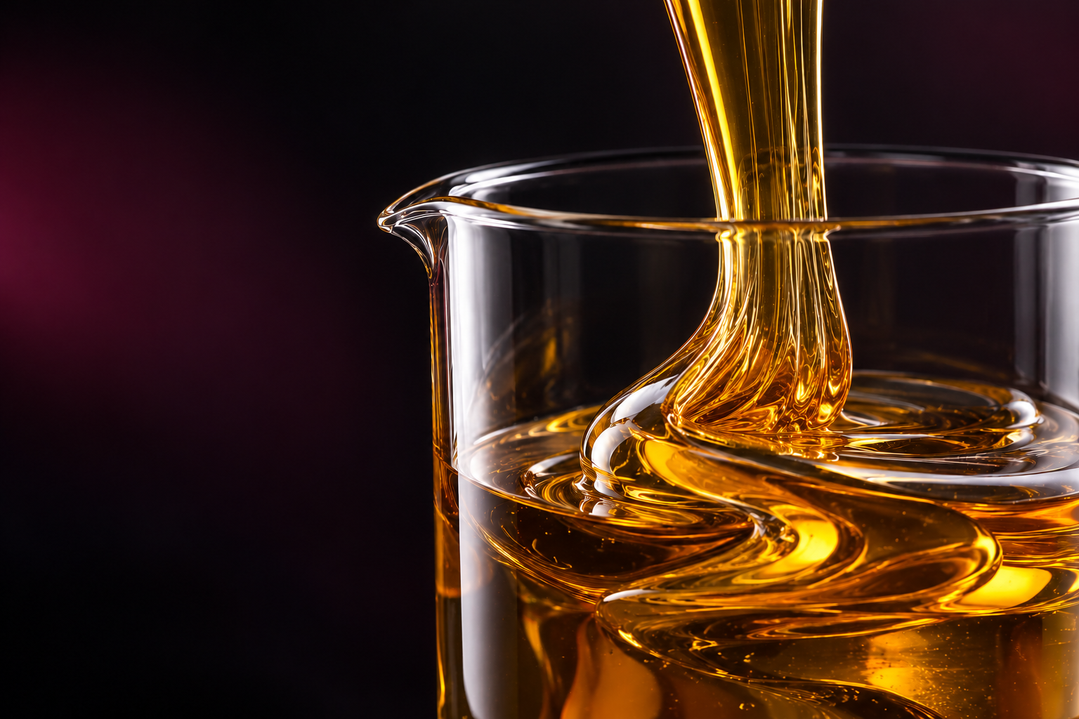 Illustrative amber resin flowing into laboratory glassware